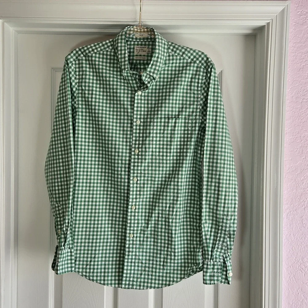 J. Crew Secret Wash Shirting Mens Size S Green Gingham Check Long Sleeve‎ Shirt